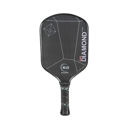 A black and gray Six Zero Black Diamond Power (16mm) pickleball paddle with the word "diamond" at the top and a geometric pattern on the face, labeled "6.0 six.zero" near the handle.