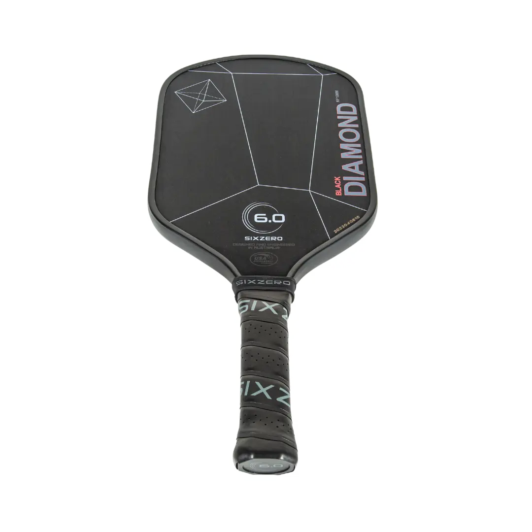 A Six Zero Black Diamond Power (16mm) Pickleball Paddle with a black handle and a black handle.