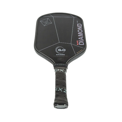 A black and gray Pickleballist Six Zero Black Diamond Power (16mm) pickleball paddle with the text "diamond 6.0" and "six.zero" on the handle, against a white background.