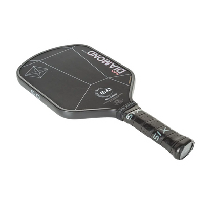 A black and grey Pickleballist Six Zero Black Diamond Power (16mm) pickleball paddle with white text and logo, featuring a dial on the handle, isolated on a gray background.