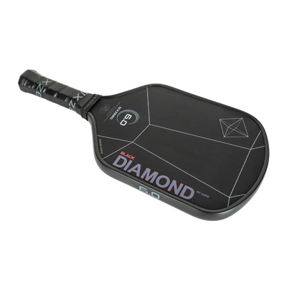 A Six Zero Black Diamond Power (16mm) Pickleball paddle with geometric patterns and brand logos from Pickleballist on an isolated white background.