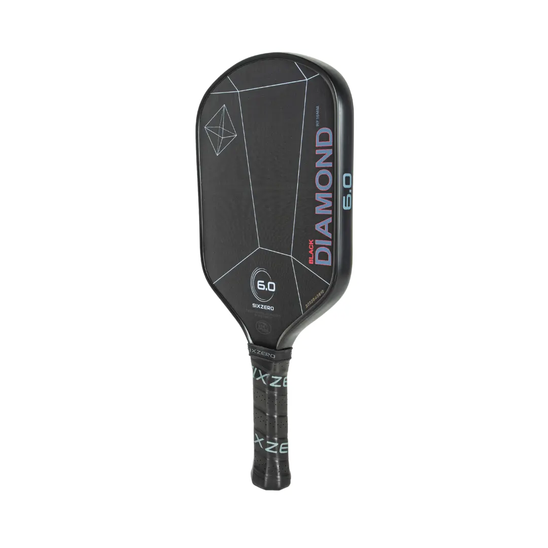 A black and gray Six Zero Black Diamond Power (16mm) pickleball paddle by Pickleballist, featuring geometric patterns and brand logos, displayed against a white background.