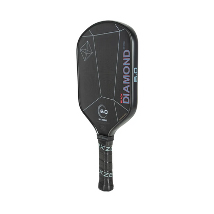 A black and gray Six Zero Black Diamond Power (16mm) pickleball paddle by Pickleballist, featuring geometric patterns and brand logos, displayed against a white background.