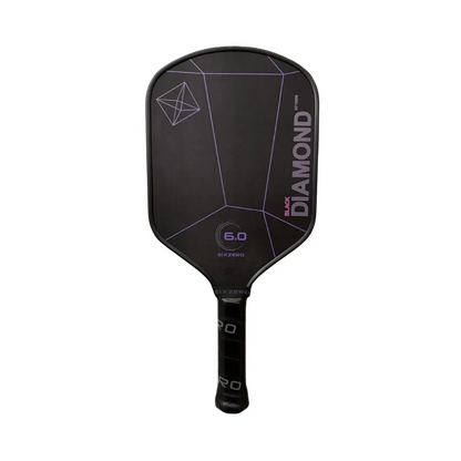 A Six Zero Black Diamond Power (16mm) pickleball paddle from Pickleballist with text and geometric designs, isolated on a white background.