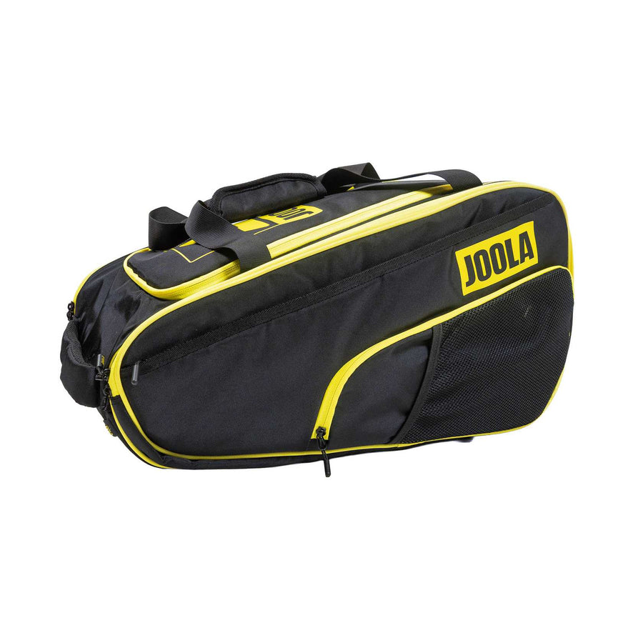 Black and yellow Pickleballist 2026 Tour Elite Pickleball Bag with multiple zippered compartments and carrying handles, shown on a white background.