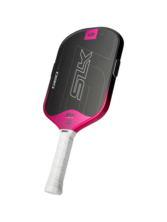 The Selkirk SLK GEO Elongated 14mm Pickleball Paddle, in black and pink with a white perforated grip, is displayed on a plain white background.
