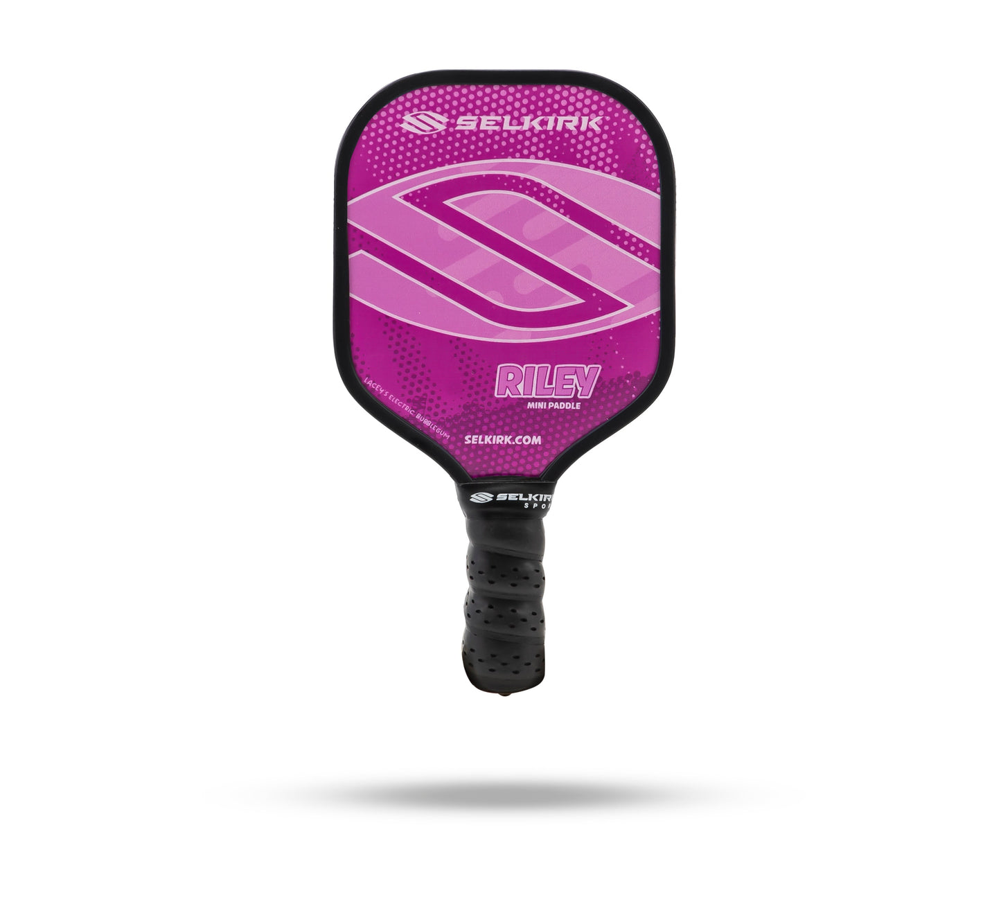 The Selkirk Riley Mini Pickleball Paddle Collection offers a fresh look with a pink paddle on a white background. Perfect as a novelty gift.