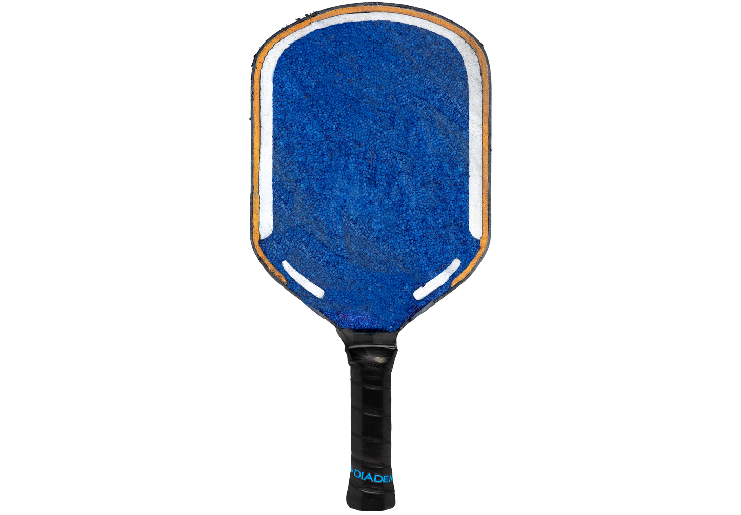 The Diadem Edge BluCore Pro 16mm Pickleball Paddle by Diadem features a blue rectangular design with a black grip and white and orange border accents, displayed against a plain white background.