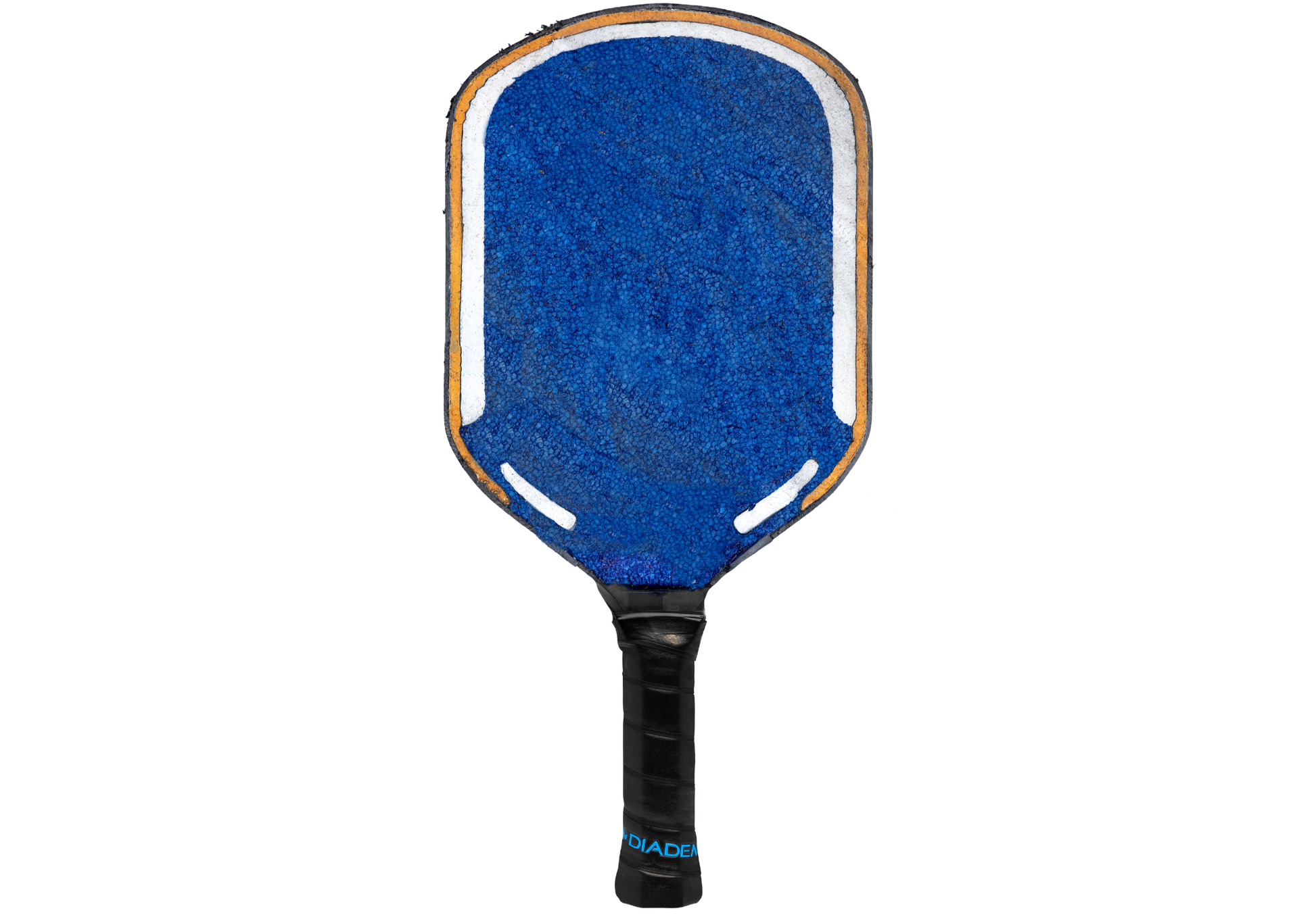 The Diadem Edge BluCore Pro 16mm Pickleball Paddle by Diadem features a blue rectangular design with a black grip and white and orange border accents, displayed against a plain white background.