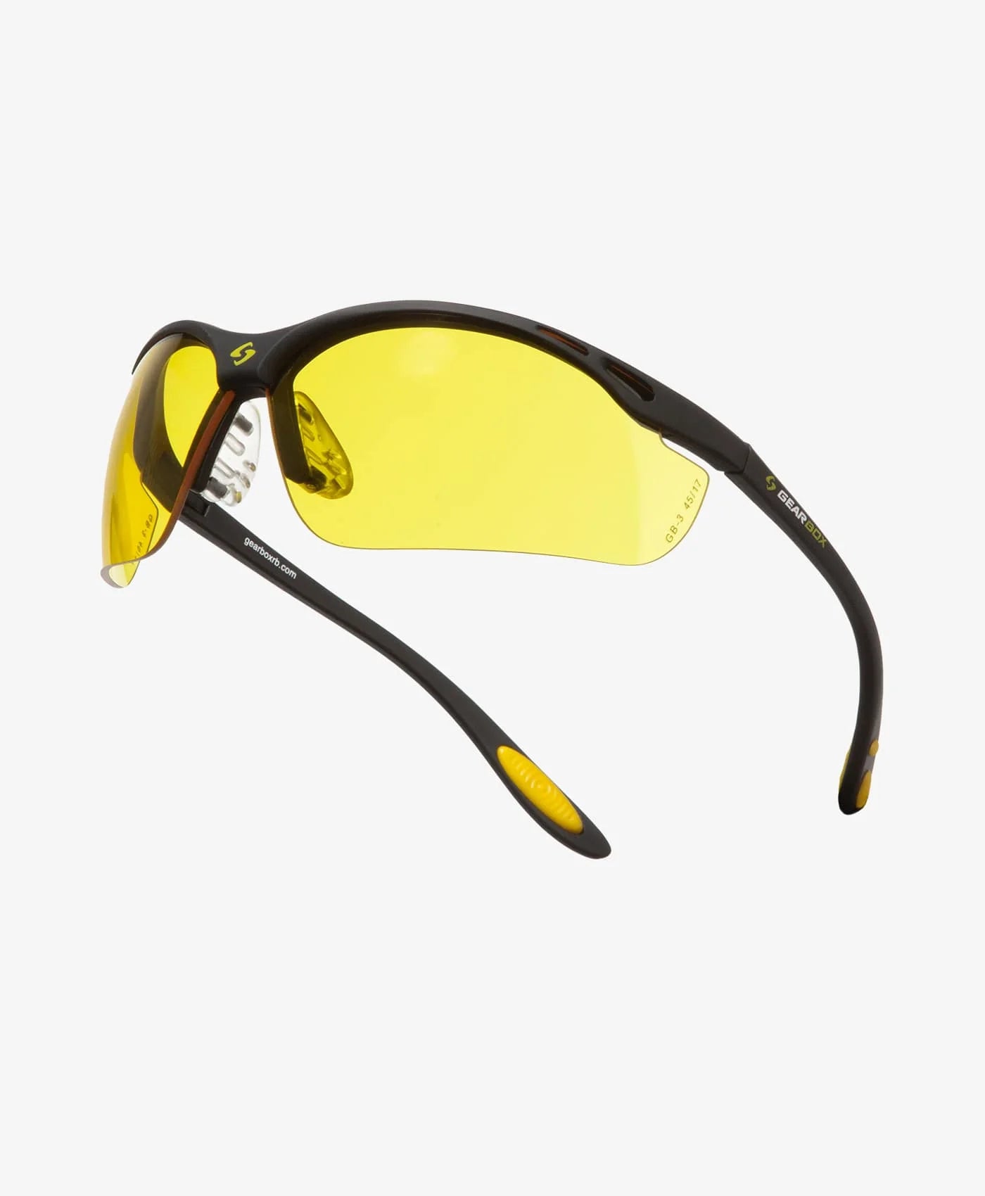 A pair of Gearbox Vision Eyewear Slim Fit Pickleball Glasses (with free hard case) with black frames and yellow-tinted lenses designed for protection and improved visibility.