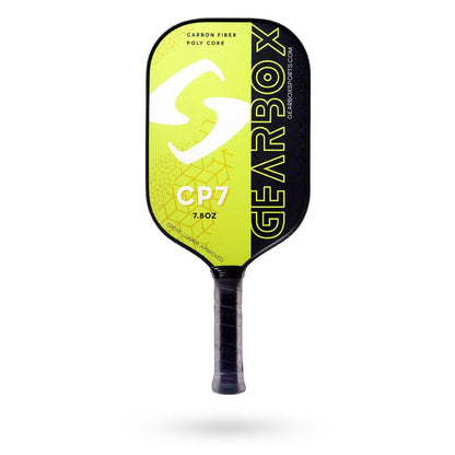 A Gearbox CP7 Pickleball Paddle with a yellow and black design, carbon fiber face, poly core, and 7.8oz weight.