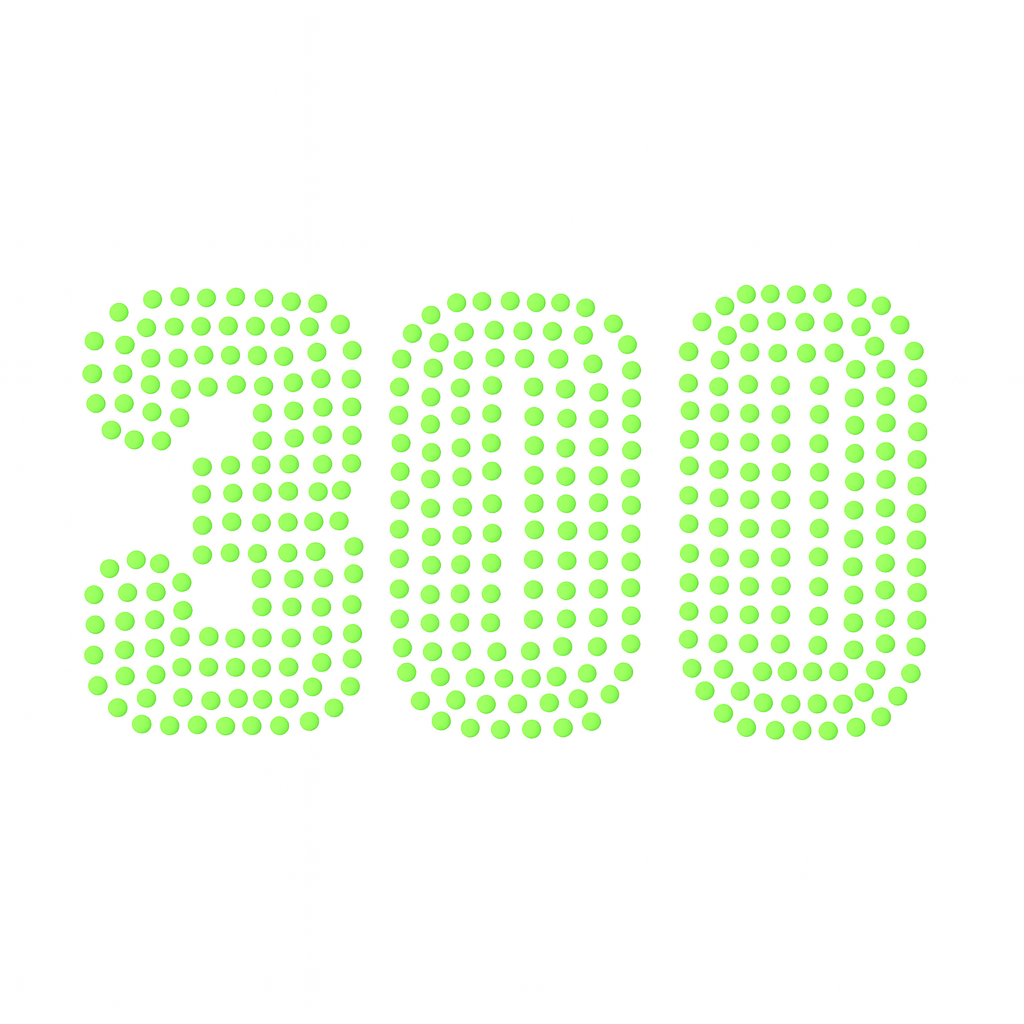 The Life Time LT Pro 48 Pickleball Balls by Life Time are shown forming the number 300 with evenly spaced small green dots on a white background.