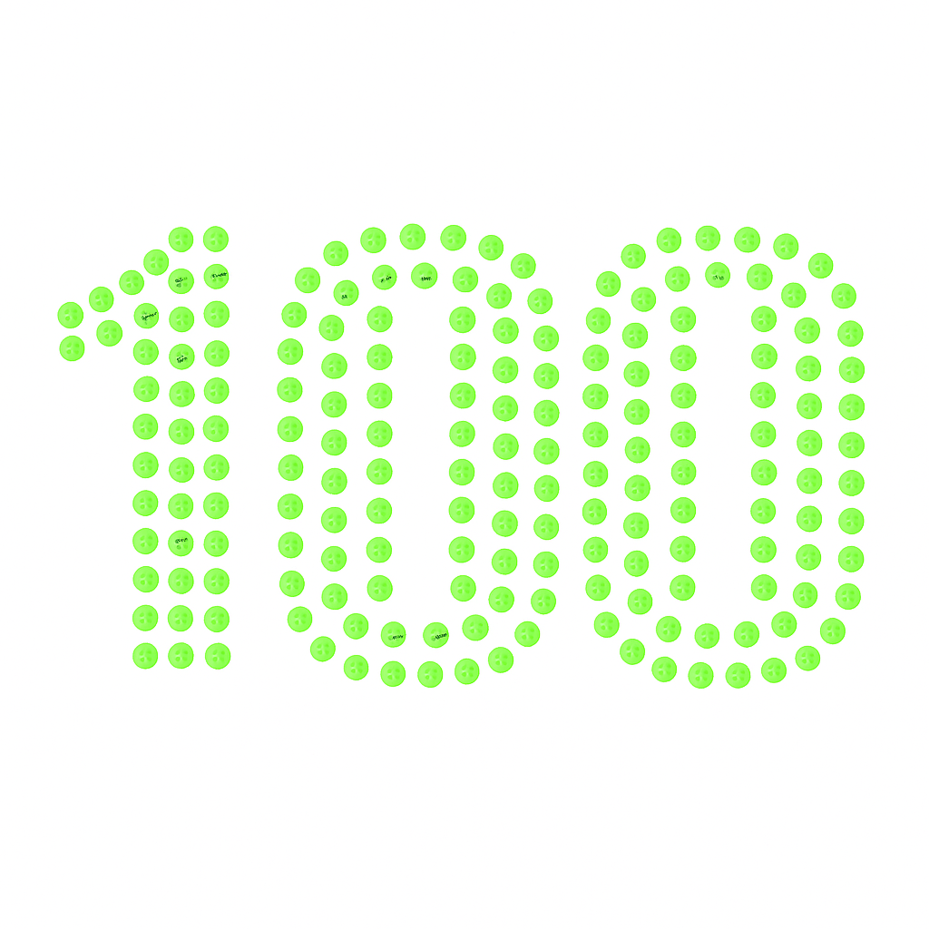 The number "100" is created from evenly spaced green dots on a white background, offering a clean and modern look ideal for the Life Time LT Pro 48 Pickleball Balls by Life Time.