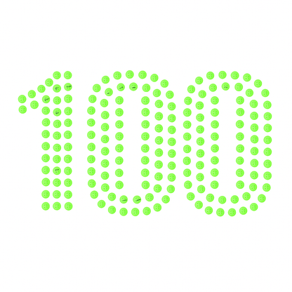 The number "100" is created from evenly spaced green dots on a white background, offering a clean and modern look ideal for the Life Time LT Pro 48 Pickleball Balls by Life Time.
