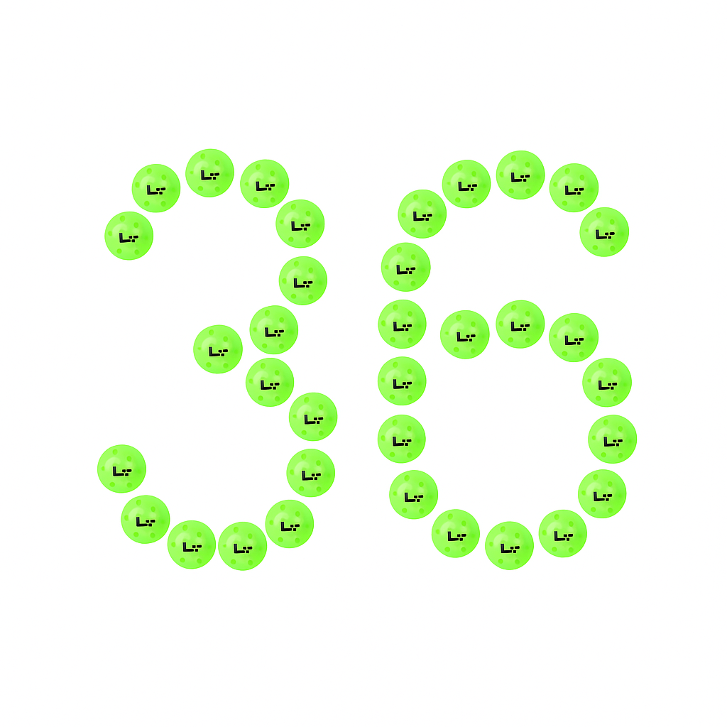 The number 36 is formed by arranging multiple green Life Time LT Pro 48 Pickleball Balls, each featuring the Life Time brand logo, on a white background.