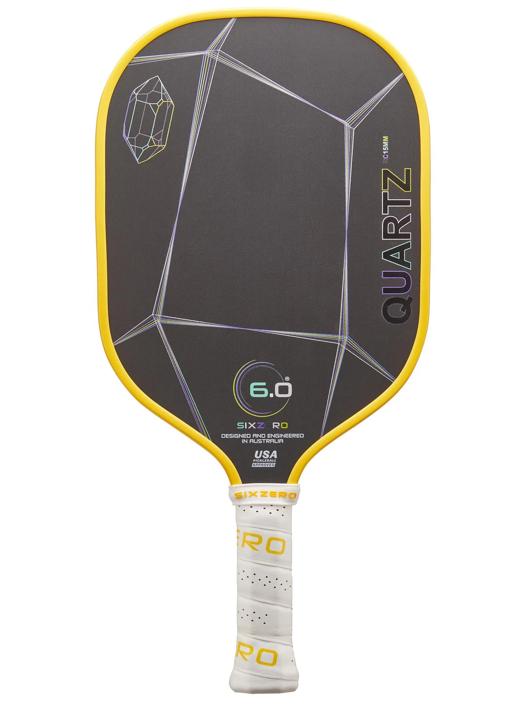 The Six Zero Quartz (15mm) Pickleball Paddle features a black face with geometric designs, a yellow edge, and a white handle. The word "QUARTZ" is displayed on the side.