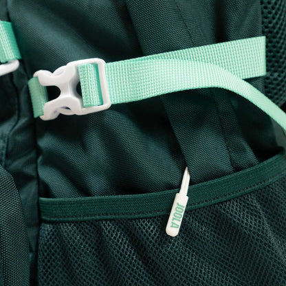 Close-up of a green JOOLA Utility Backpack with mint green straps and buckle, featuring a "100L" item in the mesh side pocket—ideal for use as a pickleball backpack.
