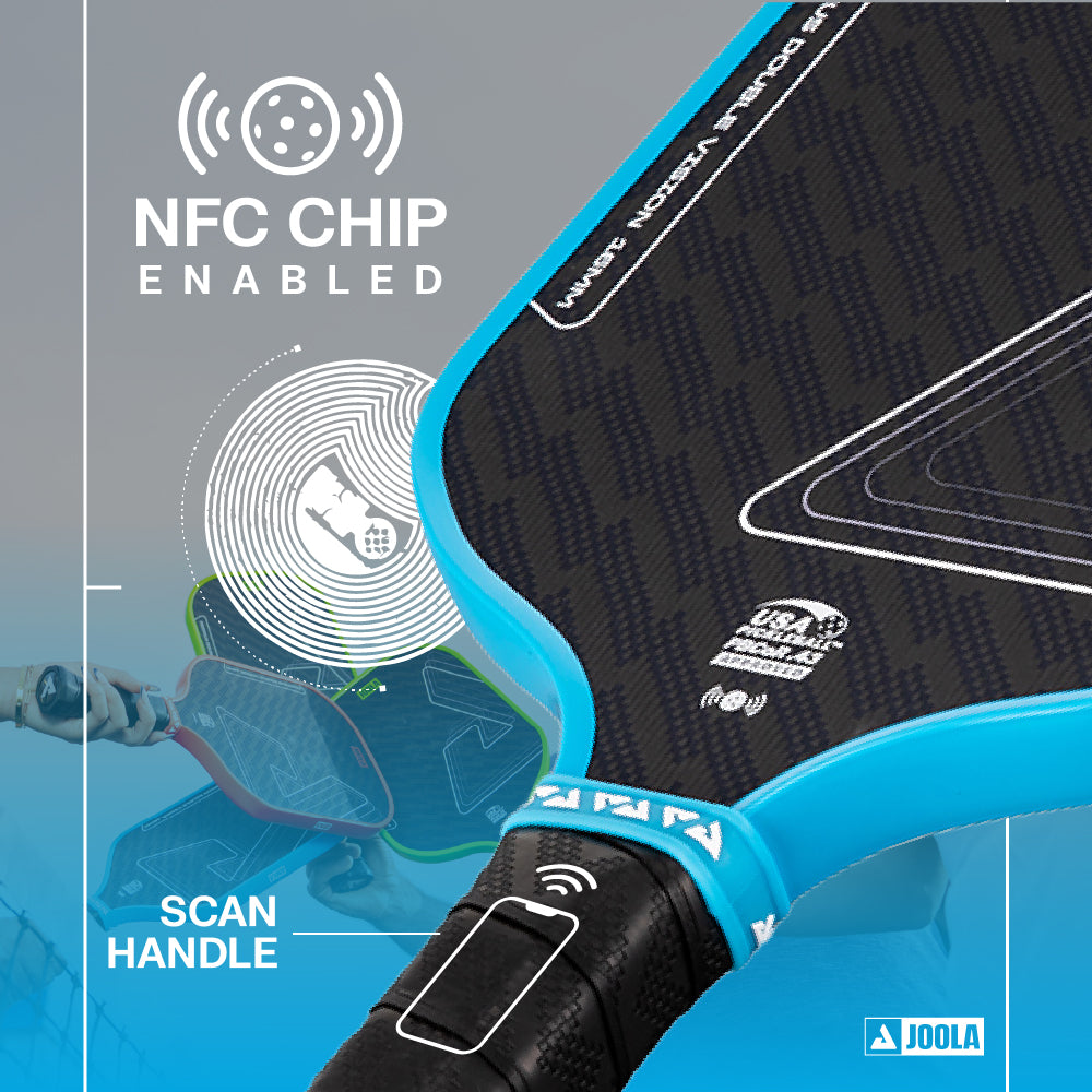 Close-up of the JOOLA Double Vision Scorpeus 16mm Pickleball Paddle featuring a highlighted NFC chip in the handle with scan instructions—ideal for advanced players wanting cutting-edge tech.