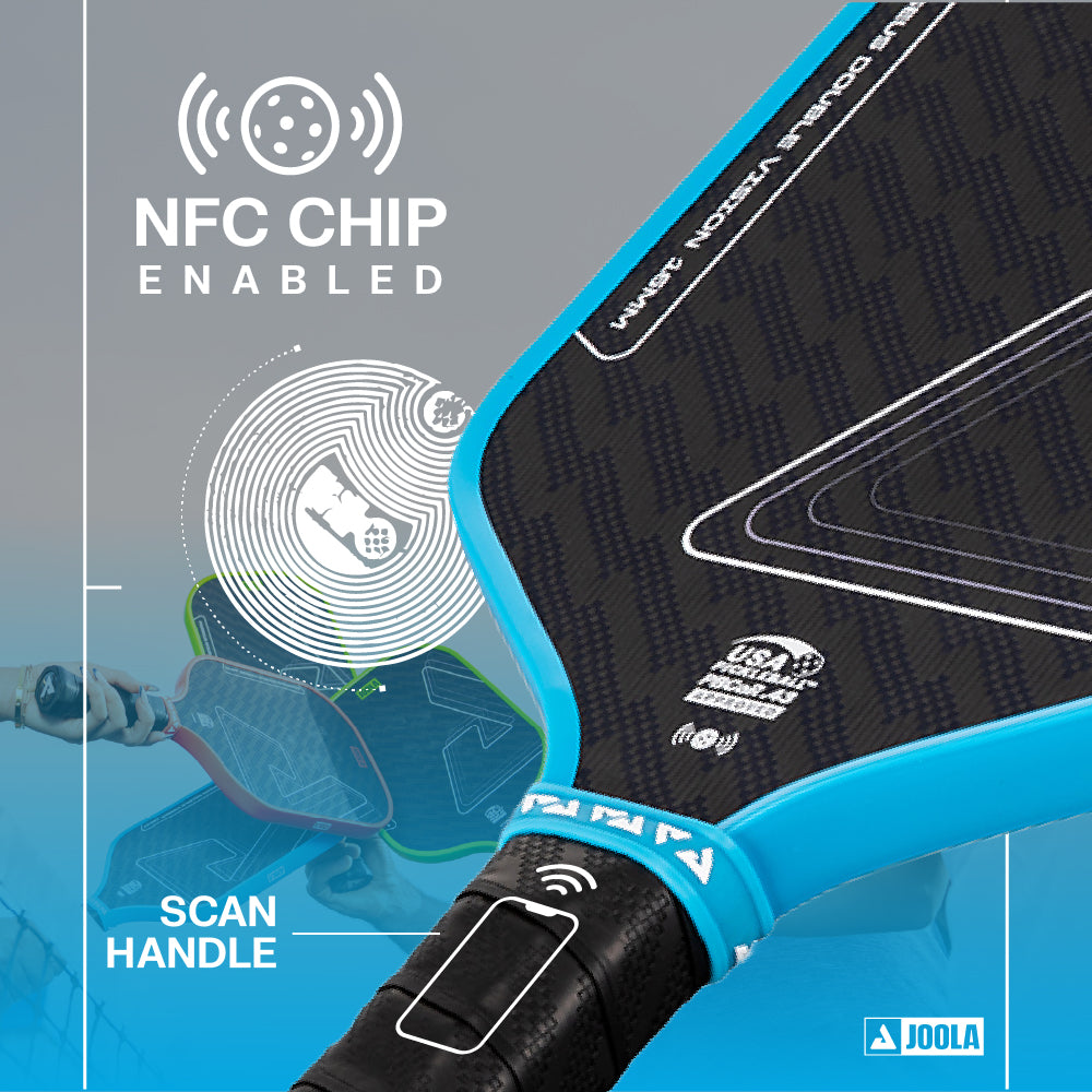 Close-up of the JOOLA Double Vision Perseus 16mm Pickleball Paddle handle showing an NFC chip symbol, with text indicating NFC chip enabled and instructions to scan the handle; JOOLA logo appears in the corner.