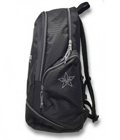 A black Pickleballist Master Athletics All-Star Backpack with multiple compartments and a white logo on the front pocket, displayed against a white background.