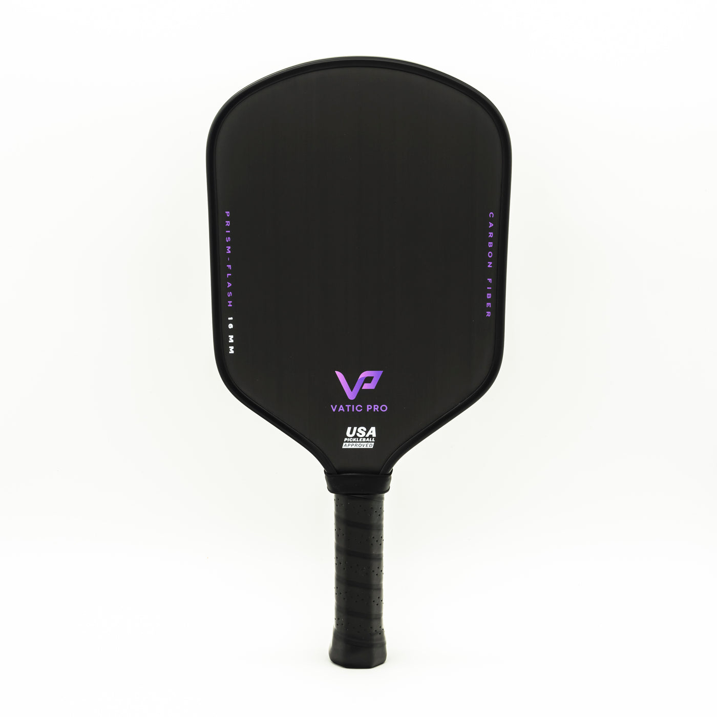 A black and purple Vatic Prism Flash 16mm paddle on a white background.