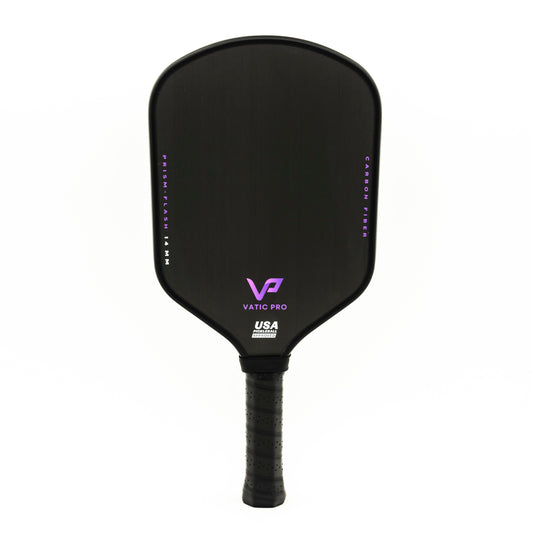 A black and purple Vatic Prism Flash 14mm paddle on a white background.