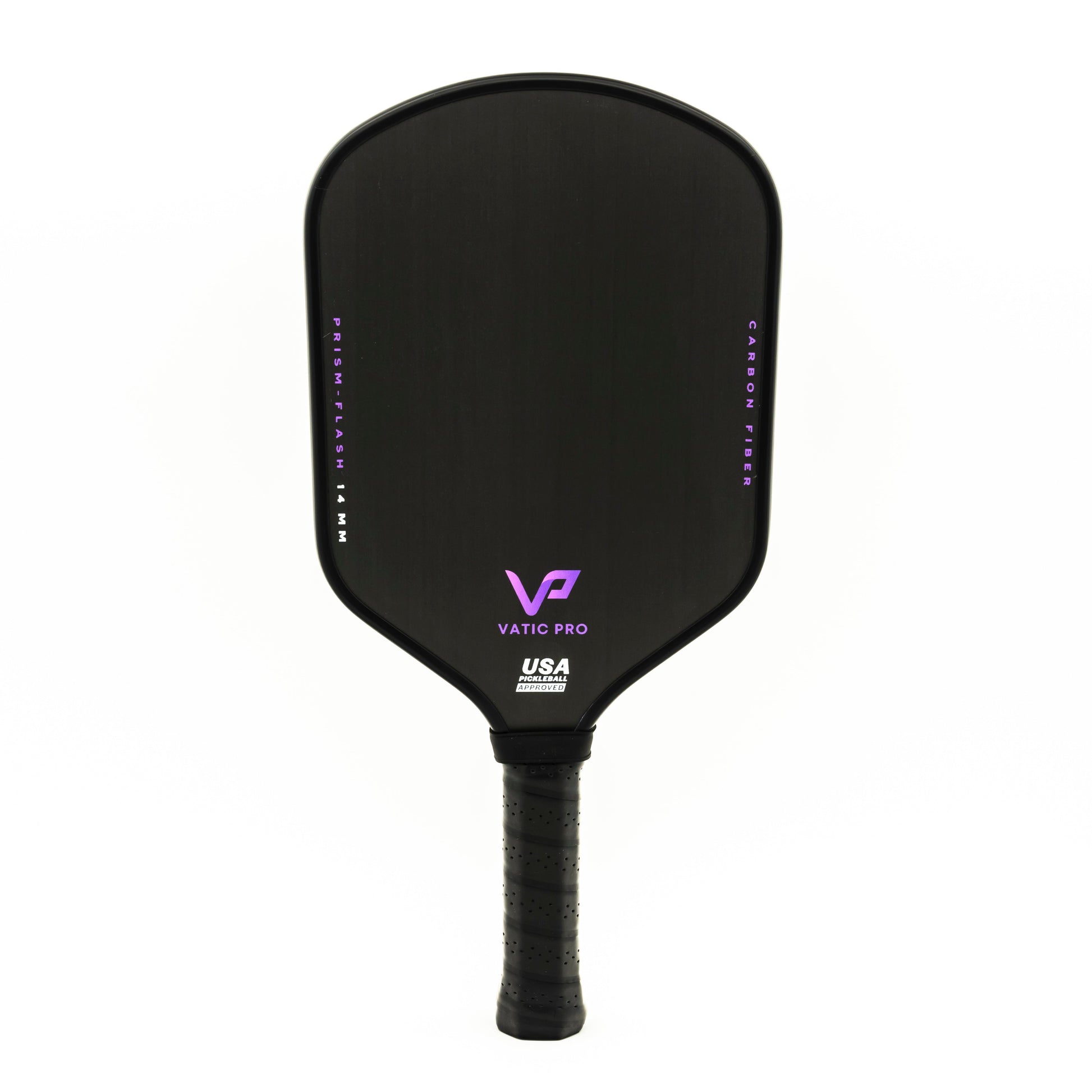 A black Vatic Prism Flash 14mm Pickleball Paddle with a carbon fiber face and purple lettering on the sides, featuring a grip handle and USA Pickleball certification.