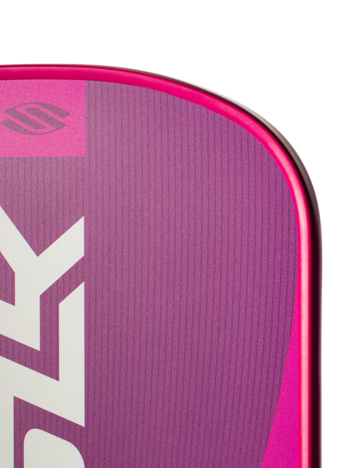 Close-up of the top corner of a Selkirk SLK Valkyrie Widebody 16mm Pickleball Paddle in pink and purple, featuring bold white branding and logo, set against a plain white background.