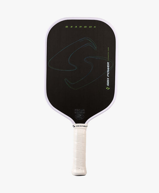 The Gearbox Sports GBX Power Elongated - 16mm Gen-3 Honeycomb pickleball paddle, featuring a black carbon fiber face and white handle, is displayed upright against a plain white background.