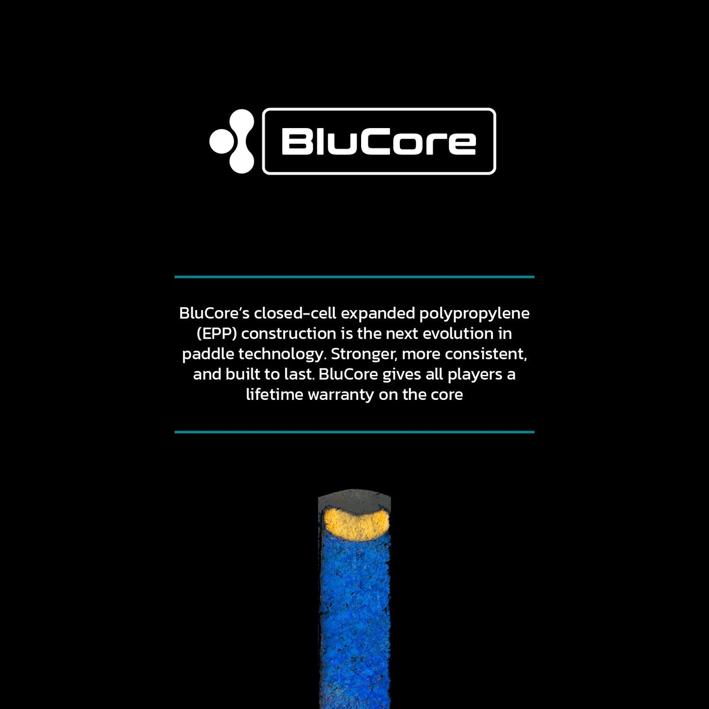 A cross-section of the Diadem Warrior BluCore Max Widebody 14mm Pickleball Paddle displays blue and yellow core material, with Diadem branding and a description highlighting advanced EPP construction and a lifetime warranty.