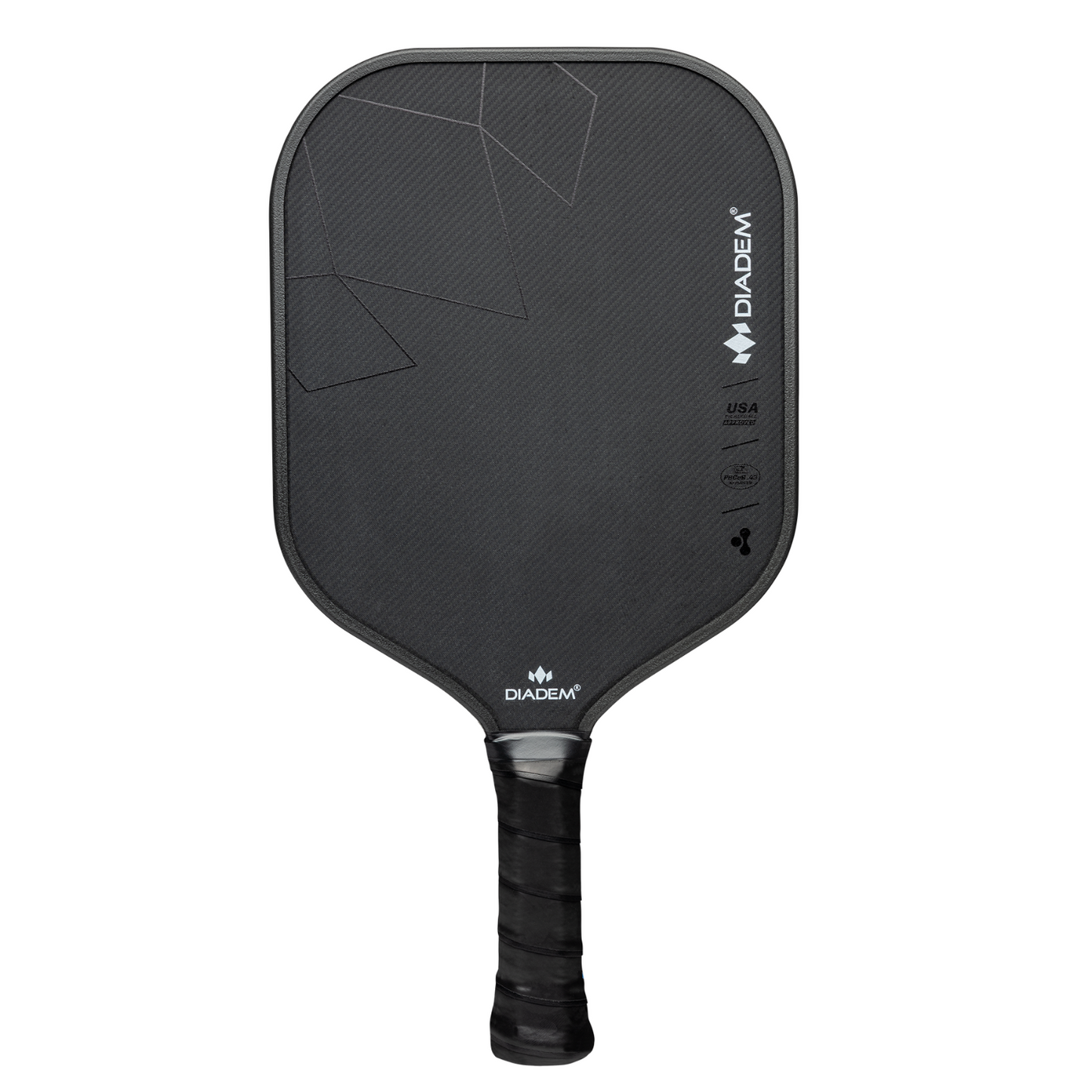 The Diadem Warrior BluCore Max Widebody 14mm Pickleball Paddle features a textured surface, geometric accents, and a wrapped grip handle—a sleek black design showcased against a crisp white background.