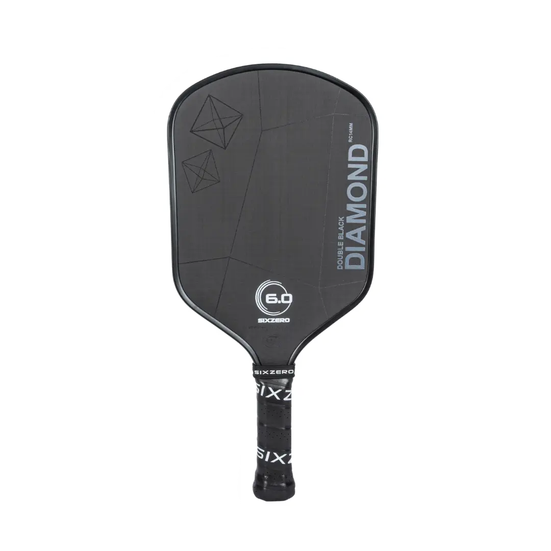 A black Six Zero Double Black Diamond Control (14mm) Pickleball Paddle with "DIAMOND" and "6.0" printed on the face, featuring a textured grip handle.