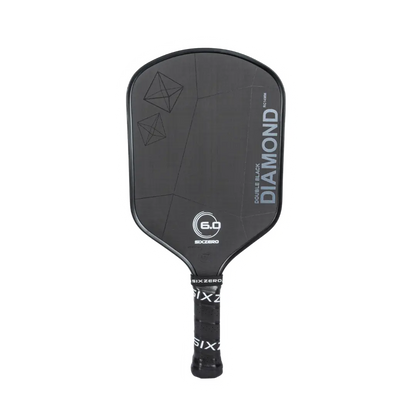 A black Six Zero Double Black Diamond Control (14mm) Pickleball Paddle with "DIAMOND" and "6.0" printed on the face, featuring a textured grip handle.