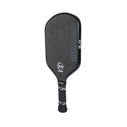 A black Six Zero Double Black Diamond Control (14mm) Pickleball Paddle with the text "EXACTA Diamond 6.0" and a 6.0 logo on the face, featuring a textured grip handle.