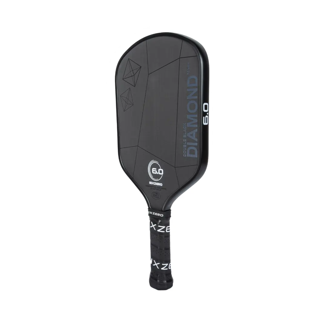 Black pickleball paddle with "Six Zero Double Black Diamond Control (16mm) Pickleball Paddle" and "6.0" printed in blue on the face, and "Six Zero" visible on the handle.