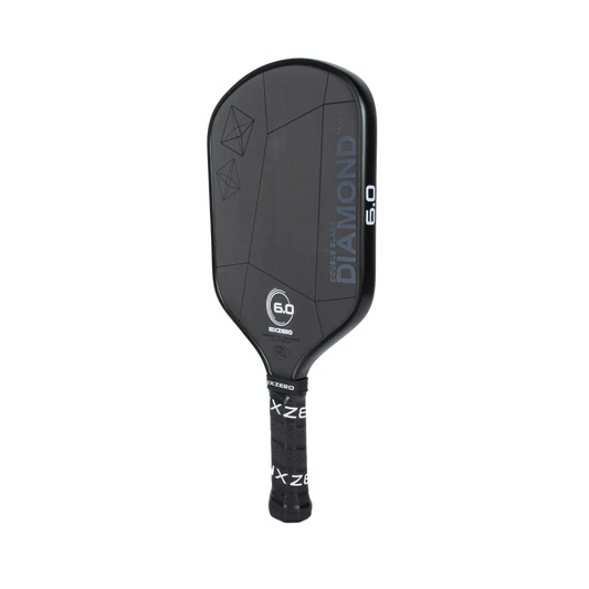 Black pickleball paddle with "Six Zero Double Black Diamond Control (16mm) Pickleball Paddle" and "6.0" printed in blue on the face, and "Six Zero" visible on the handle.