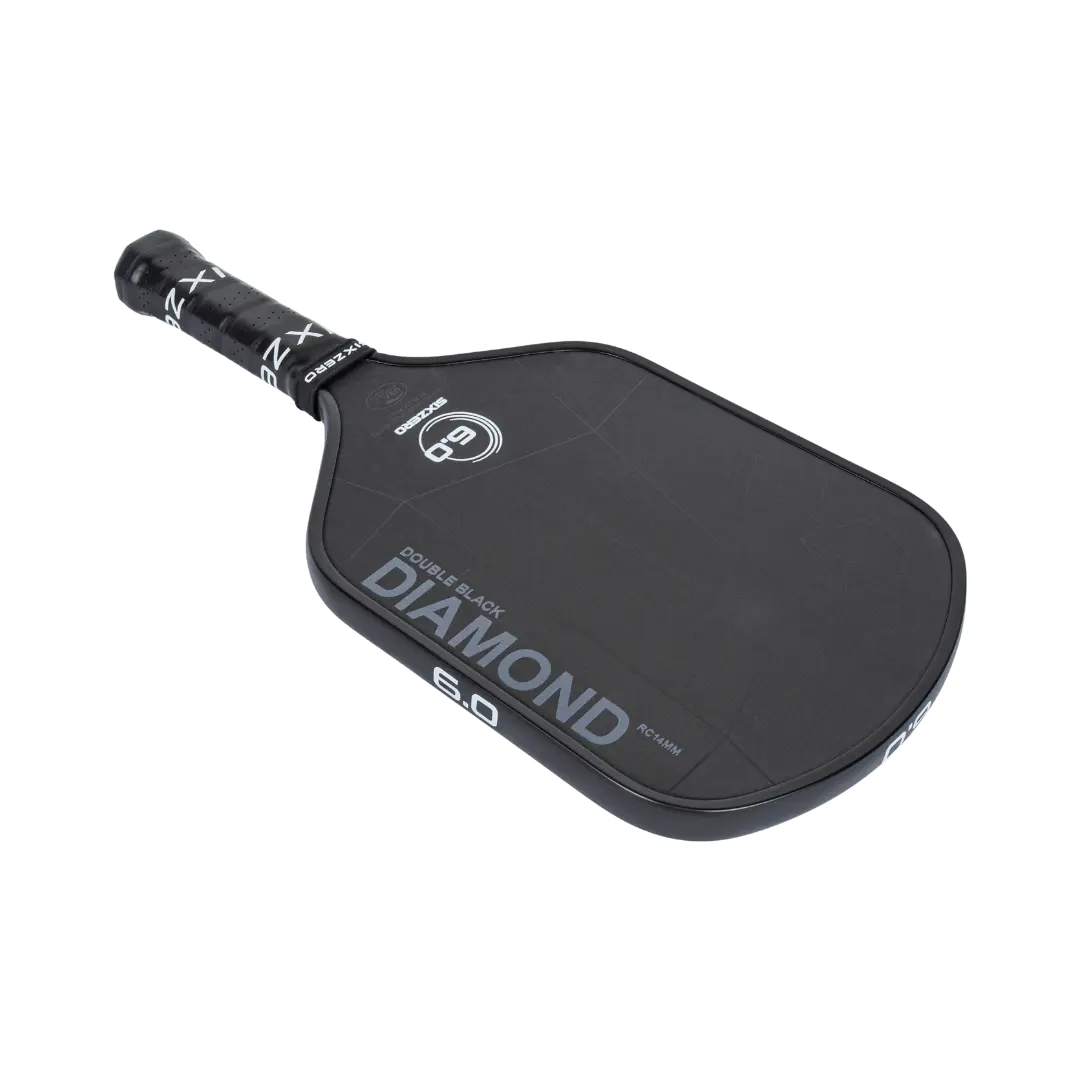 A black paddle for pickleball labeled "Six Zero Double Black Diamond Control (16mm) Pickleball Paddle" with a textured grip handle.