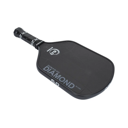 A black paddle for pickleball labeled "Six Zero Double Black Diamond Control (16mm) Pickleball Paddle" with a textured grip handle.