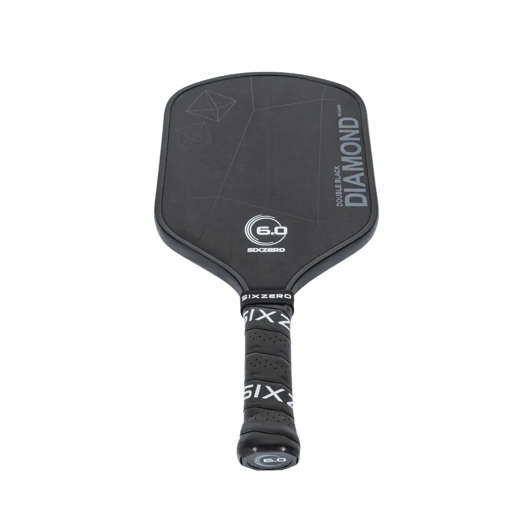 A Six Zero Double Black Diamond Control (14mm) Pickleball Paddle with a white logo on it.
