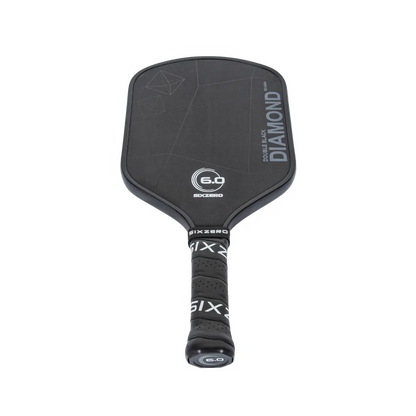 Black rectangular pickleball paddle with "Six Zero Double Black Diamond Control (14mm)" branding on the surface and "Six Zero" printed on the handle, designed for performance play.