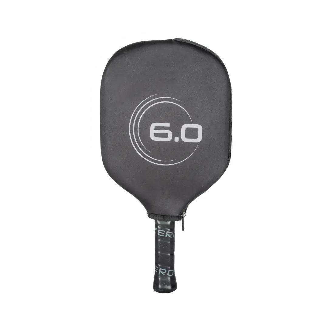 A black Six Zero Double Black Diamond Control (14mm) Pickleball Paddle with a cover that features the text "6.0" in the center and a black handle with a grip.