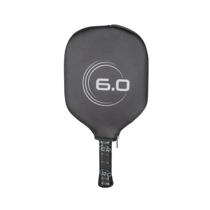 A black Six Zero Double Black Diamond Control (14mm) Pickleball Paddle with a cover that features the text "6.0" in the center and a black handle with a grip.