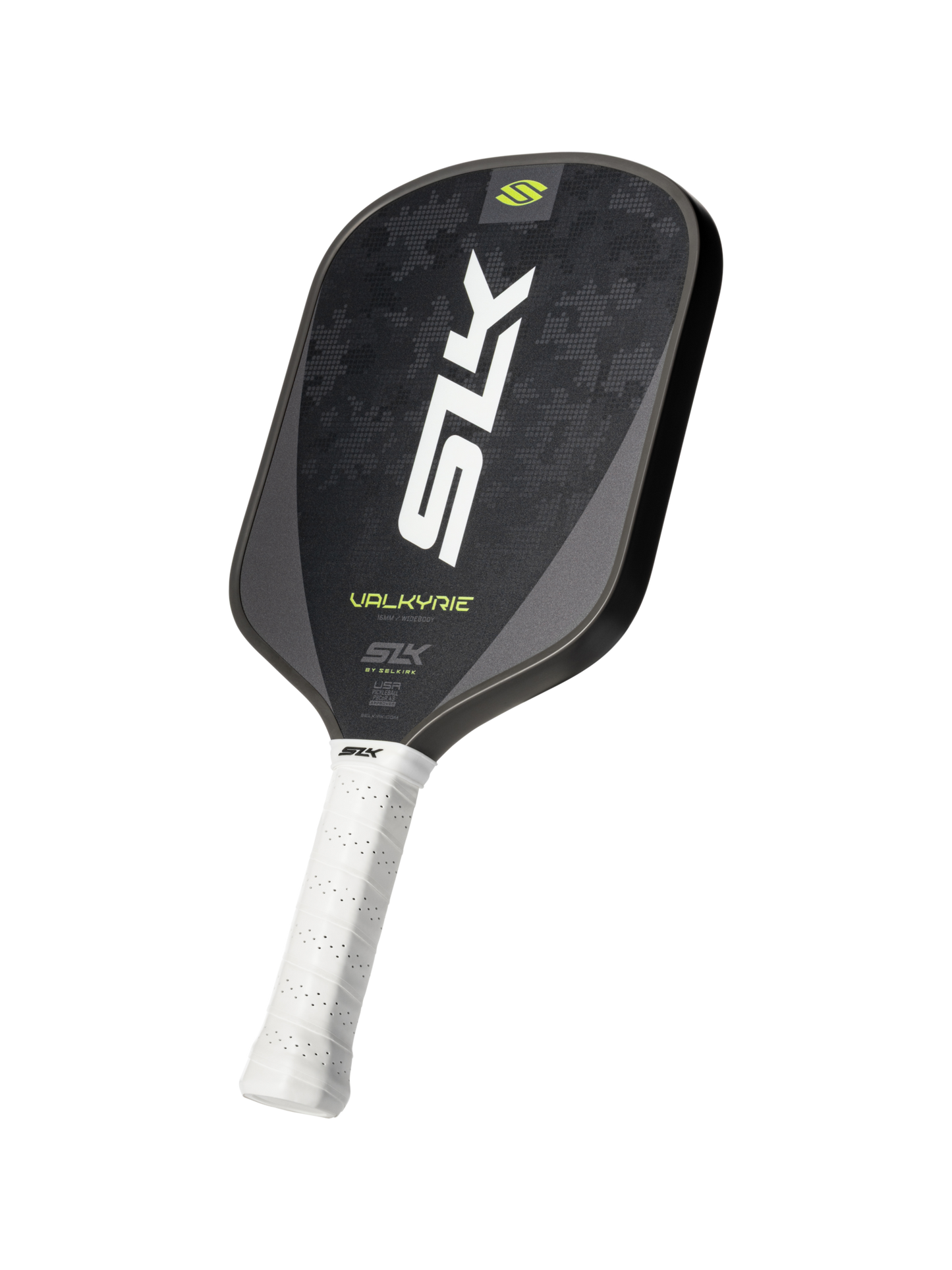 The Selkirk SLK Valkyrie Widebody 16mm Pickleball Paddle features a black carbon fiber textured surface, white grip, and is displayed against a plain white background.