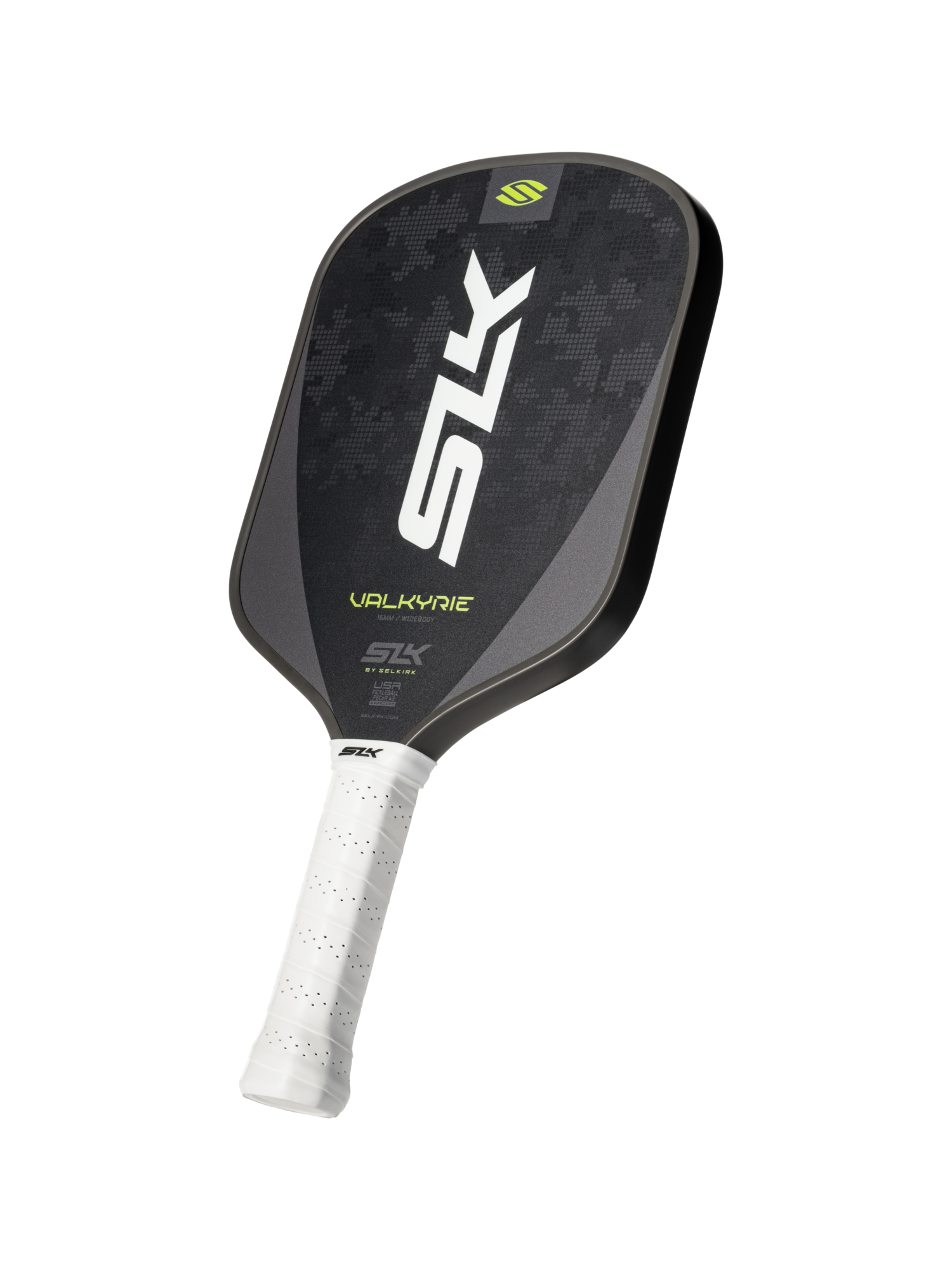 The Selkirk SLK Valkyrie Widebody 16mm Pickleball Paddle features a black carbon fiber textured surface, white grip, and is displayed against a plain white background.