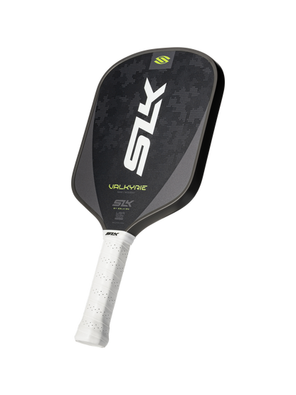 The Selkirk SLK Valkyrie Widebody 16mm Pickleball Paddle features a black carbon fiber textured surface, white grip, and is displayed against a plain white background.