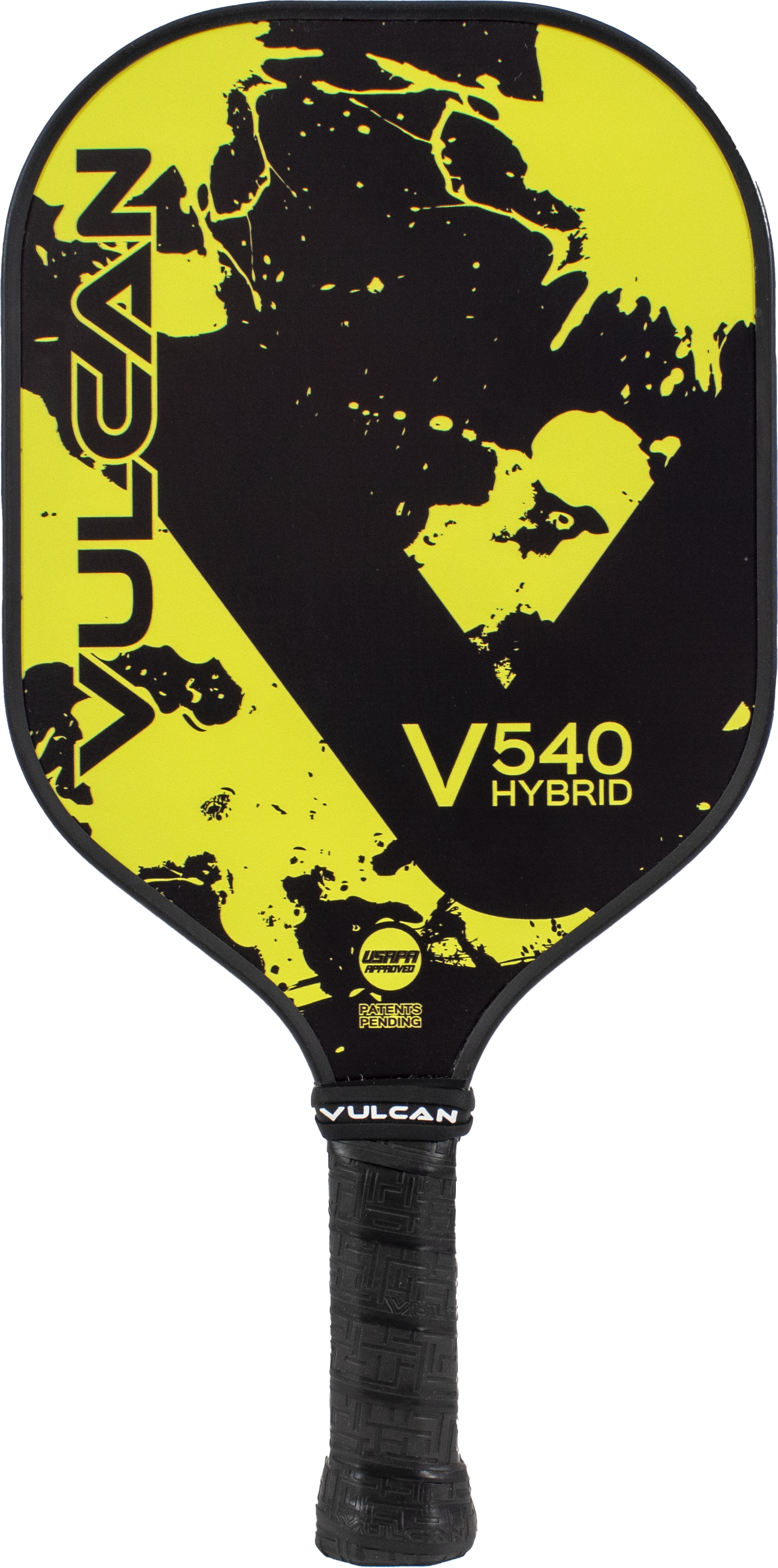 A Pickleballist Vulcan V540 Hybrid pickleball paddle with a bold yellow splatter and black design featuring abstract faces.