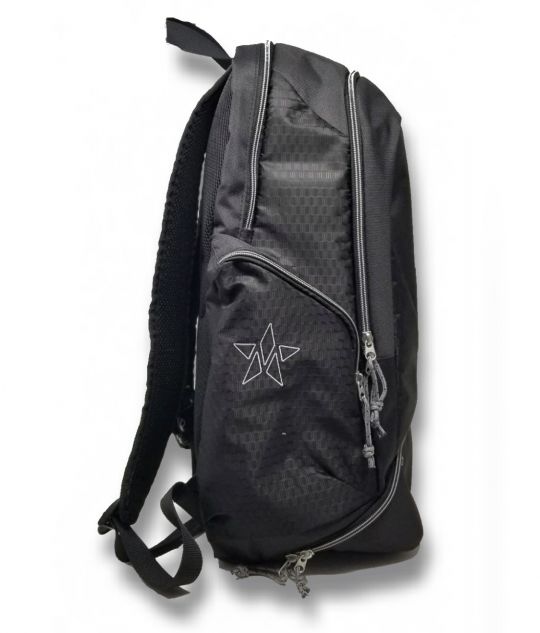 A black backpack with a star on it that meets Master Athletics All-Star Backpack dimensions.