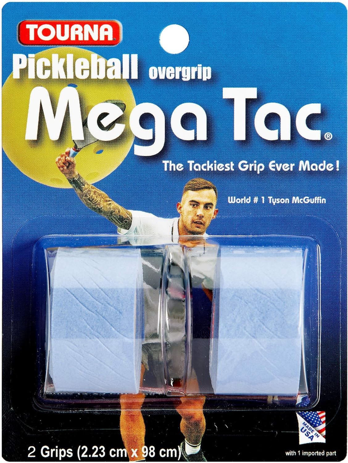 Packaging for Tourna Pickleball MEGA TAC® Overgrip Grip Tape - 2 Pack, featuring a photo of a player, two grips, and text highlighting its tackiness and dimensions (2.23 cm x 98 cm).