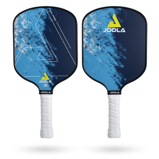 Two JOOLA Solaire FAS 13 Pickleball Paddles with blue graphic design and white handles are shown, featuring advanced EDGE-SHIELD PROTECTION for durability.