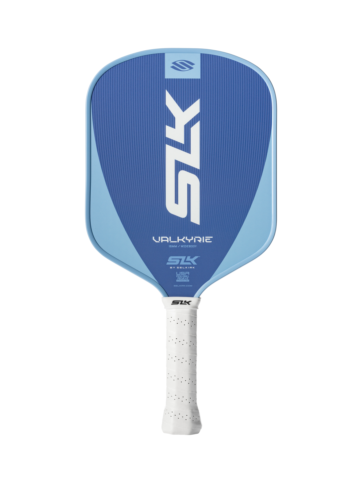 A front view of the Selkirk SLK Valkyrie Widebody 16mm Pickleball Paddle, featuring blue and light blue colors with a white perforated grip.